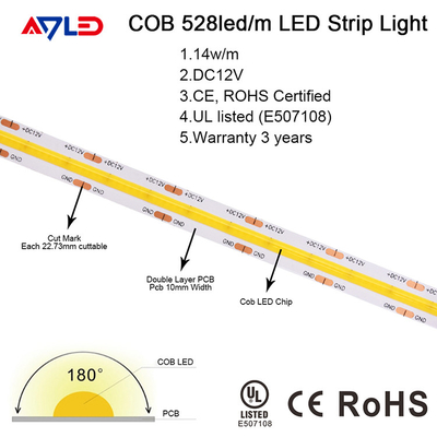 12V 24V Dotless COB ไฟ LED Strip ชิปยืดหยุ่นบนบอร์ดหรี่แสงได้ 10mm